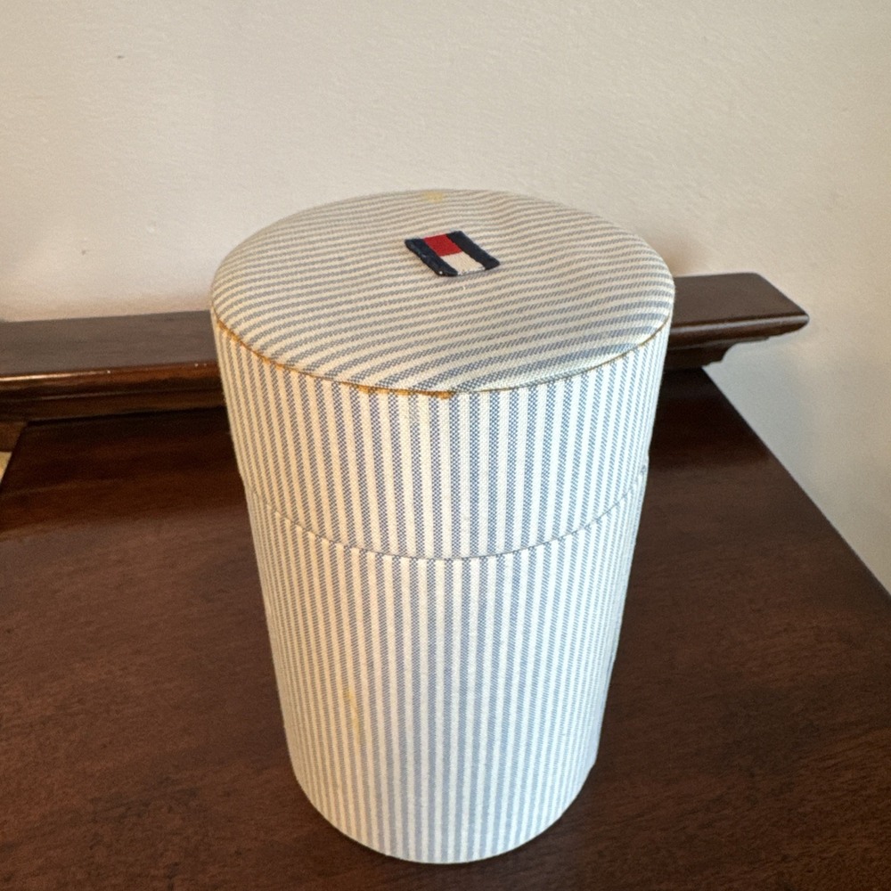 7" Vintage Tommy Hilfiger Perfume Case Cylinder Fabric Blue Stripes - Case Only